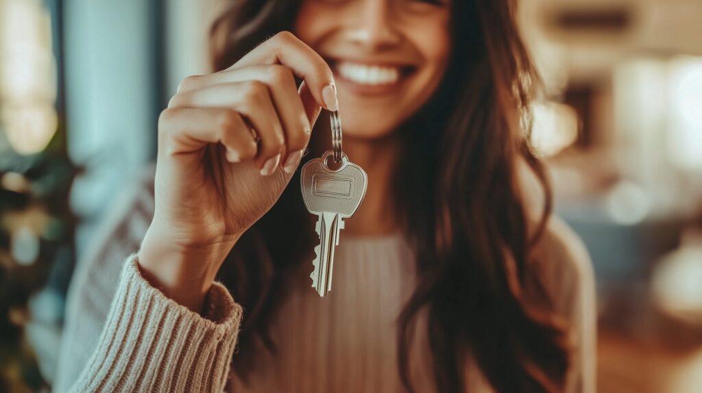 Close up of smiling woman holding house key to new home