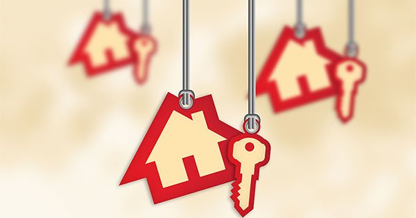 Graphic featuring red house and key icons
