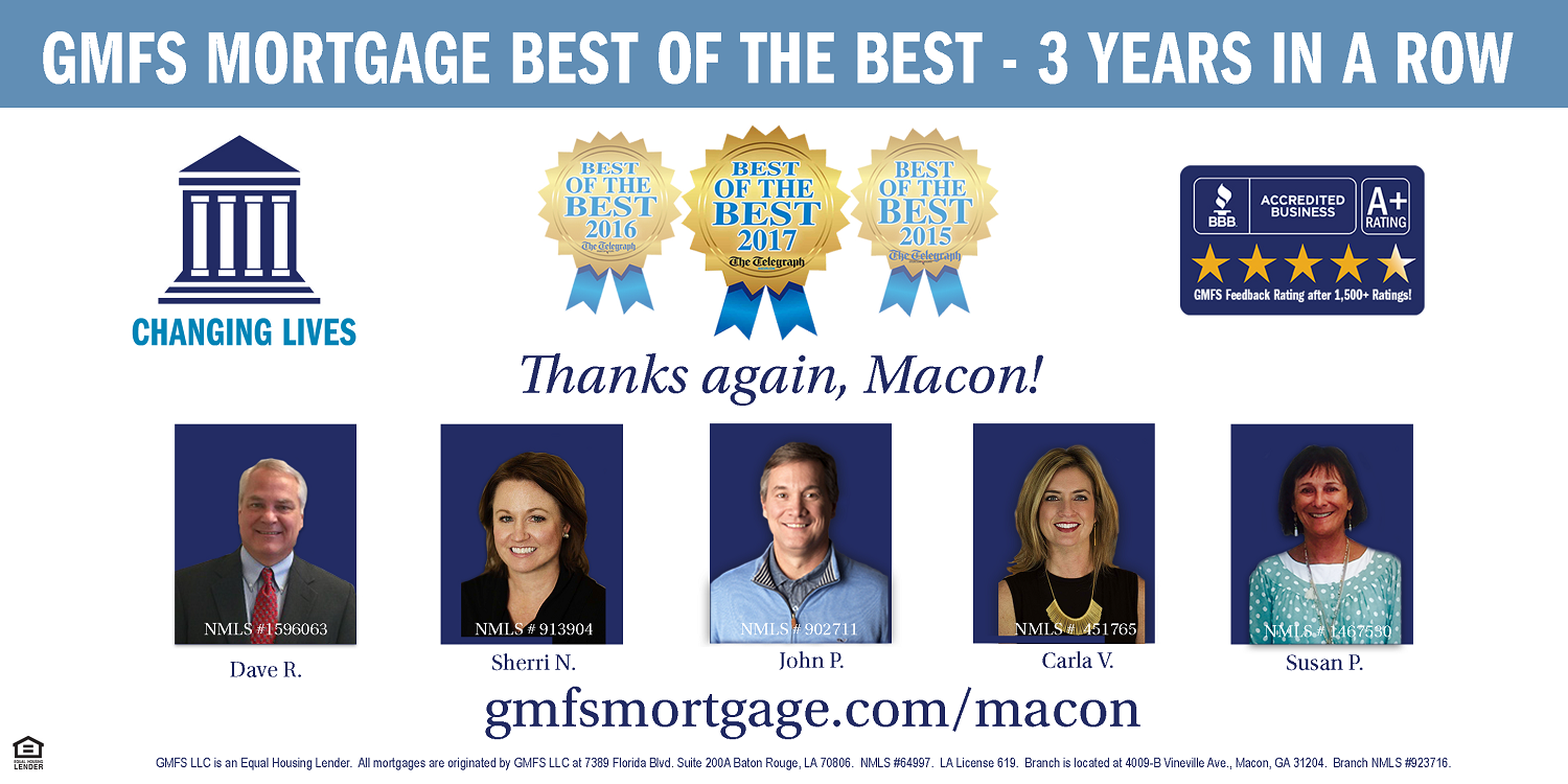 A banner showcasing that GMFS Mortgage was voted Best of Best Mortgage Lenders in Macon