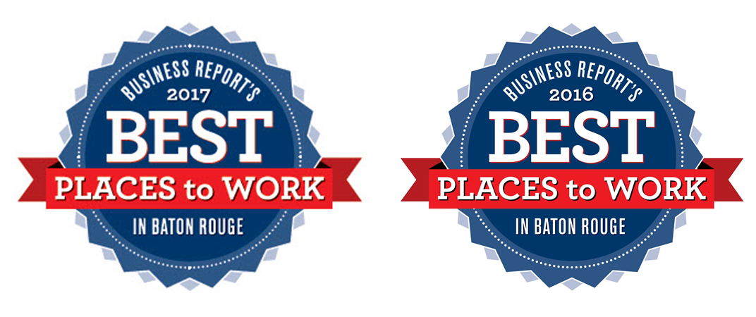 Logos for the 2016 and 2017 Best Places to Work in Baton Rouge award given to GMFS Mortgage in Baton Rouge, LA