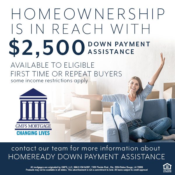 GMFS Promotional Banner for HomeReady $2,500 down payment assistance for first time homebuyers