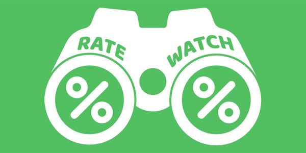 Green and white graphic that reads "rate watch", indicating users should look out for changes in mortgage rates.