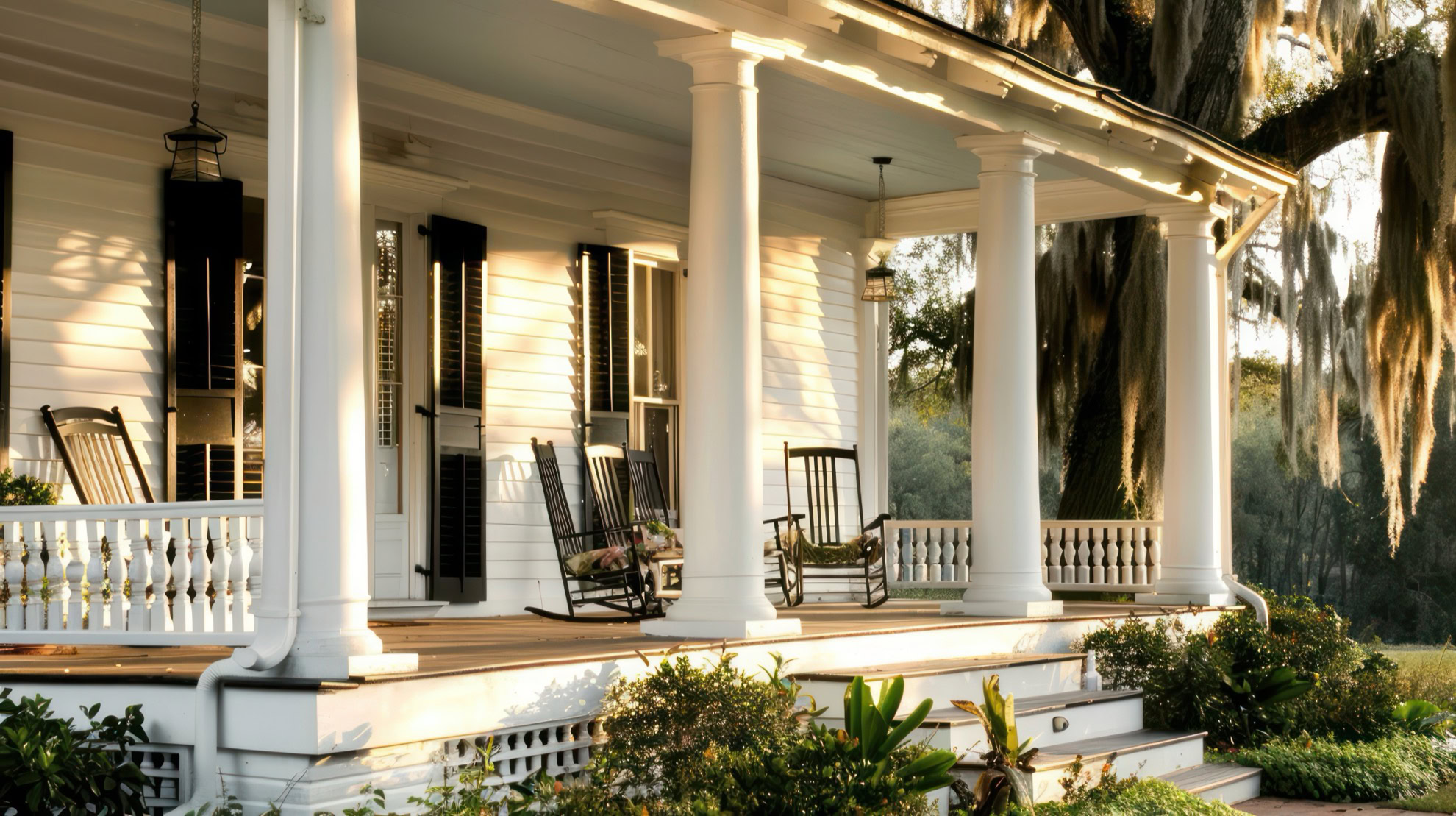 Southern Home Front Porch with Rocking Chairs