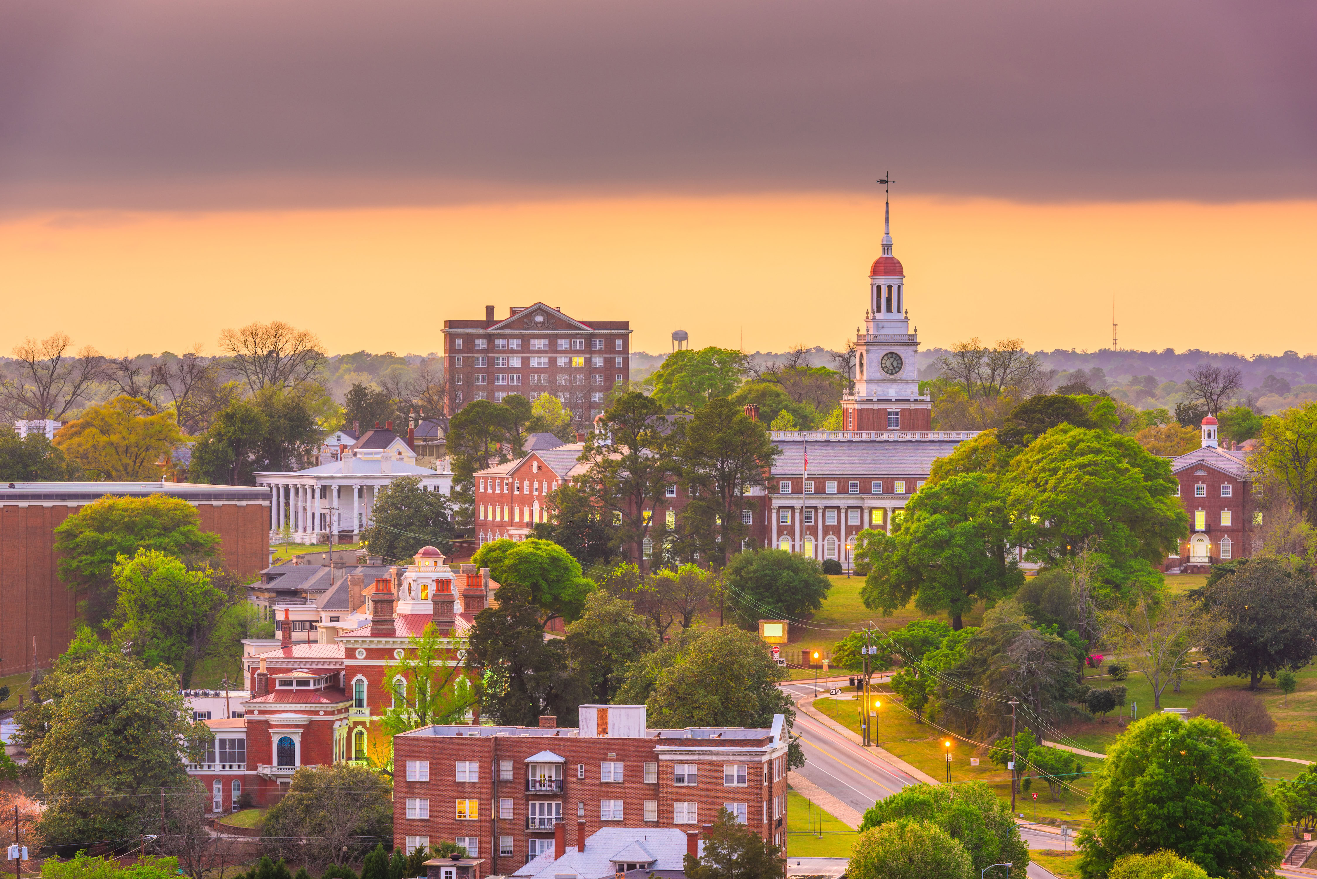 View of historic Macon Georgia skyline at dusk
