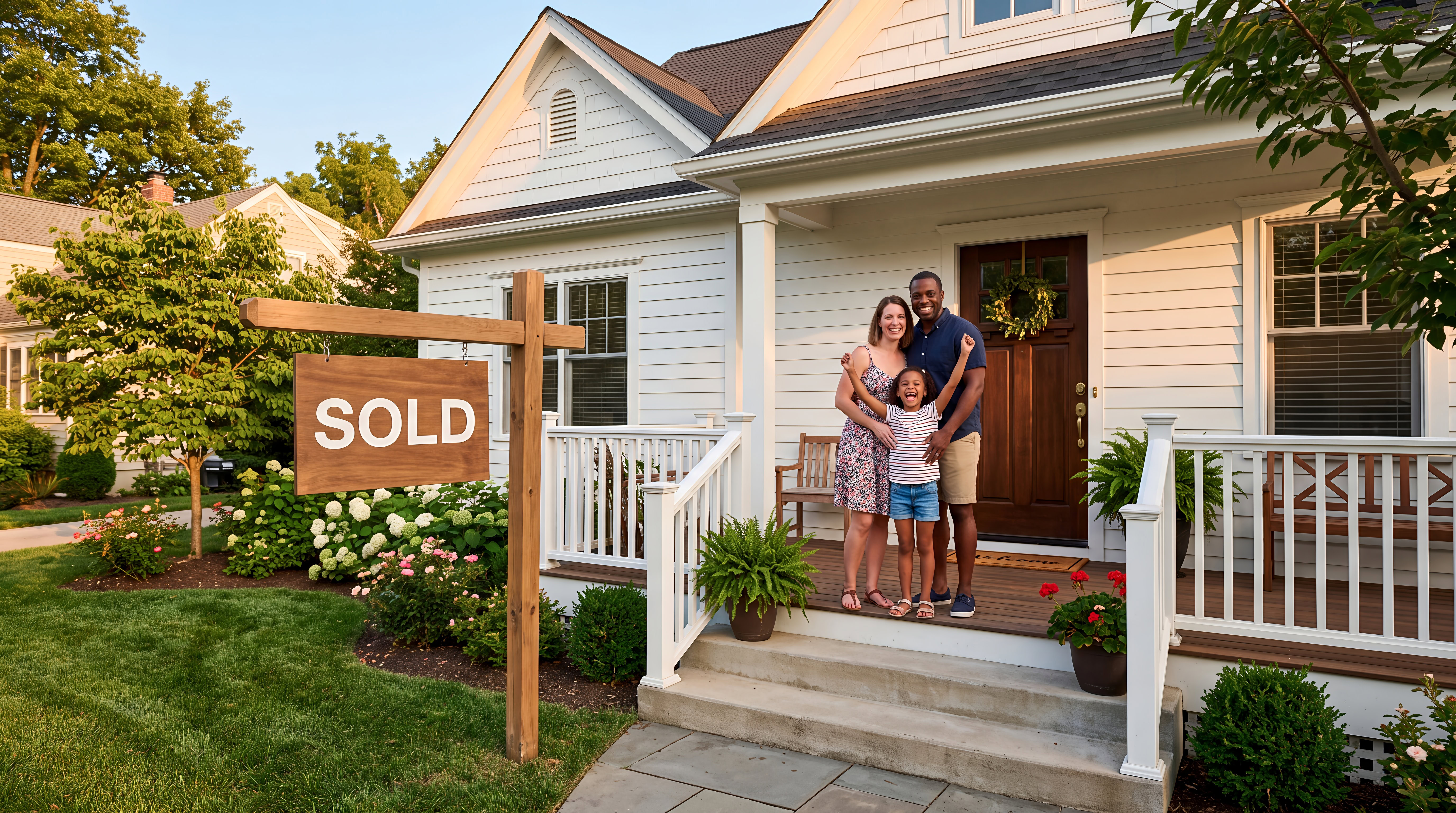 Family smiling on the front porch of a white house beside a sold sign.